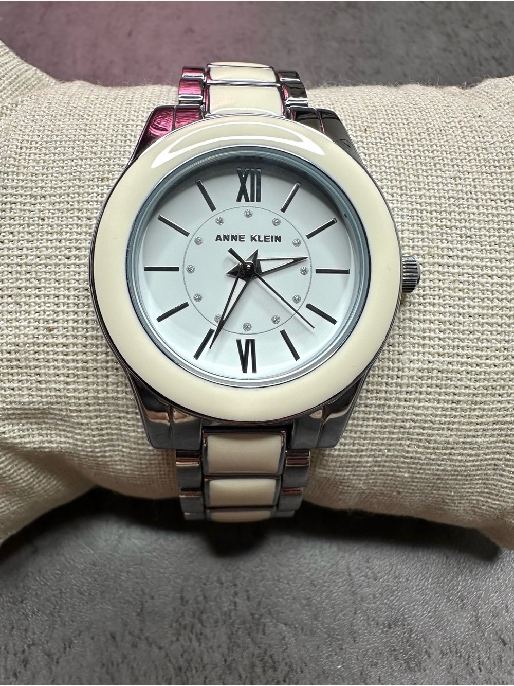 Anne Klein White Ceramic-Inlay Bracelet Watch – Crystal Dial – New Battery